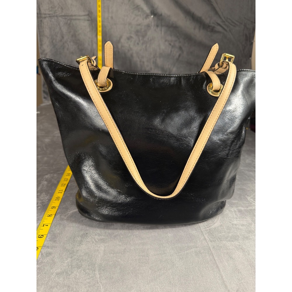Michael Kors Tote Bag Women Medium Black Patent Leather Gold Logo Adjustable